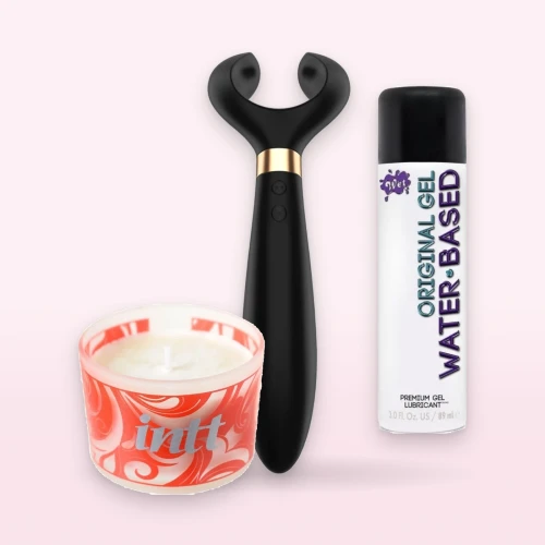 Набор «Вечер для двоих»: вибратор для пар Satisfyer Partner, массажная свеча с ароматом ванили и смазка Wet Original
